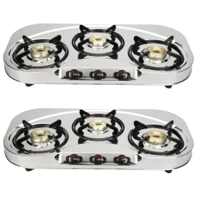 Candes Stainless Steel 3 Burner Manual Oval Gas Stove |Die Cast Alloy Tornado Burner | Gas stove Chulha| Gas Stove 3 burner Steel| LPG Compatible |ISI Certified | Door Step Service| Pack of 2