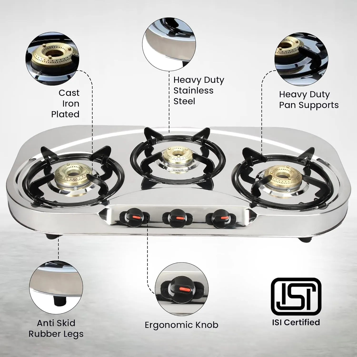 Candes Stainless Steel 3 Burner Manual Oval Gas Stove |Die Cast Alloy Tornado Burner | Gas stove Chulha| Gas Stove 3 burner Steel| LPG Compatible |ISI Certified | Door Step Service| Pack of 2