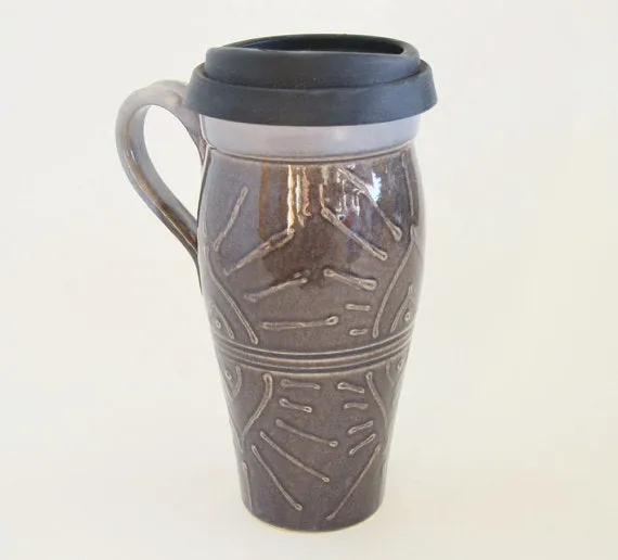 Ceramic Travel Mug with Lid and Handle- Eggplant with Design