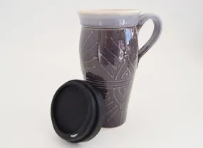 Ceramic Travel Mug with Lid and Handle- Eggplant with Design