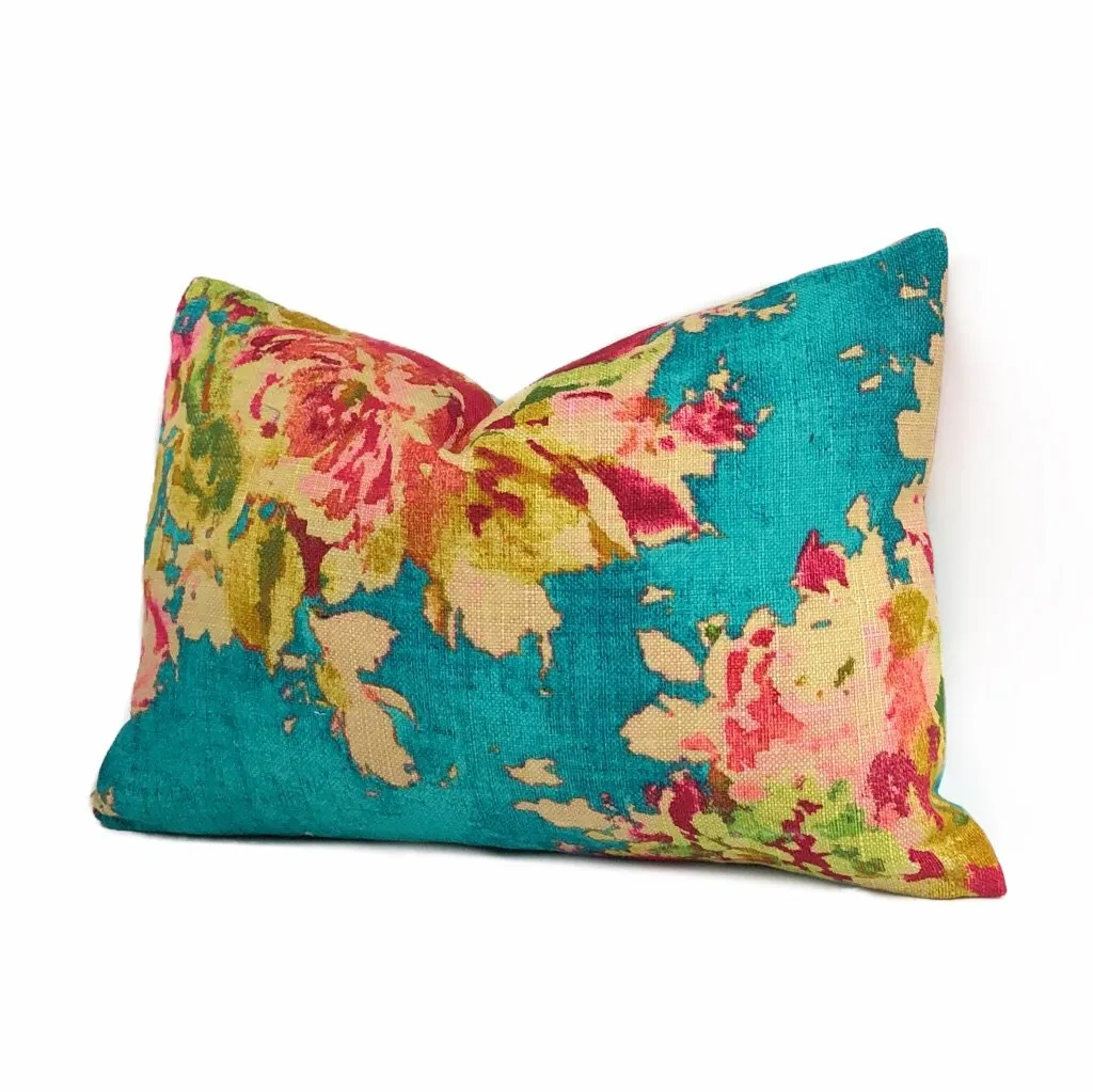 (CLEARANCE) Turquoise Teal Aphrodite Floral Cotton Linen Pillow Cover