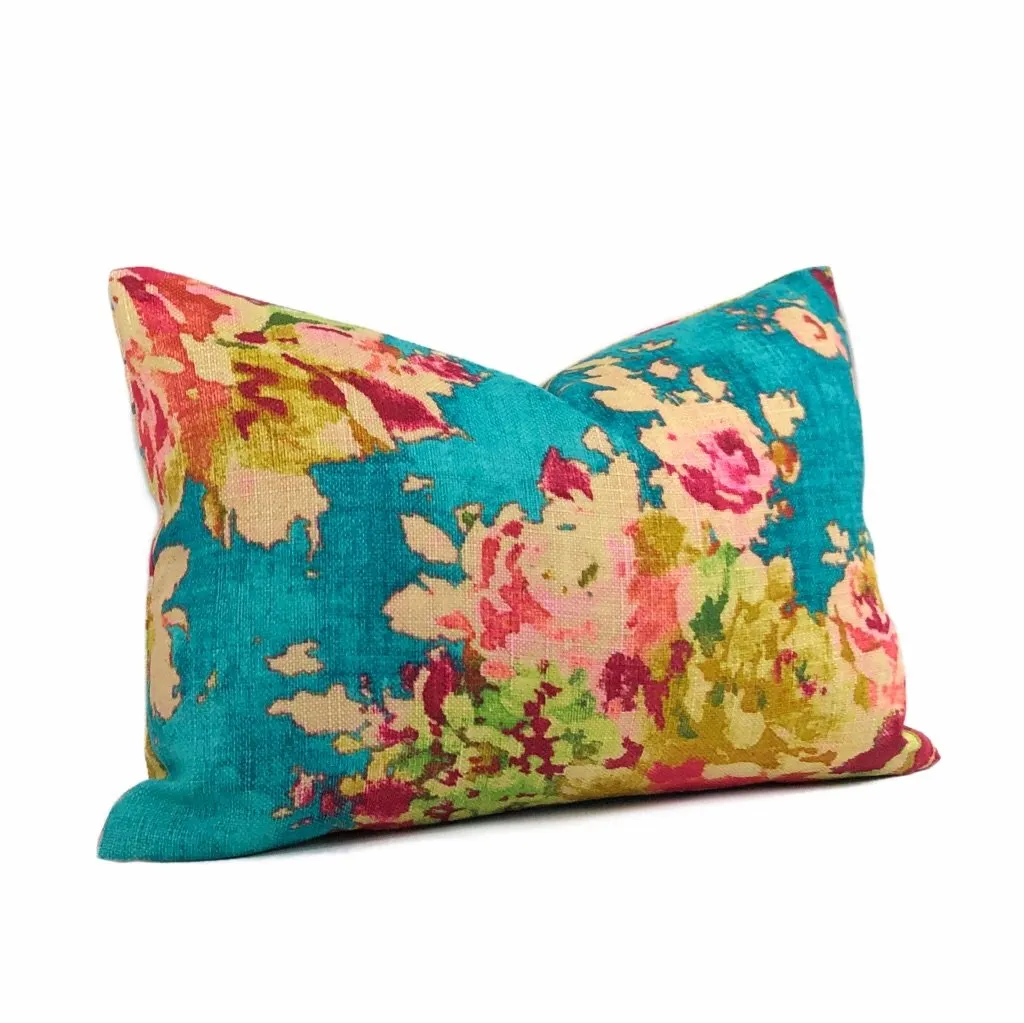 (CLEARANCE) Turquoise Teal Aphrodite Floral Cotton Linen Pillow Cover