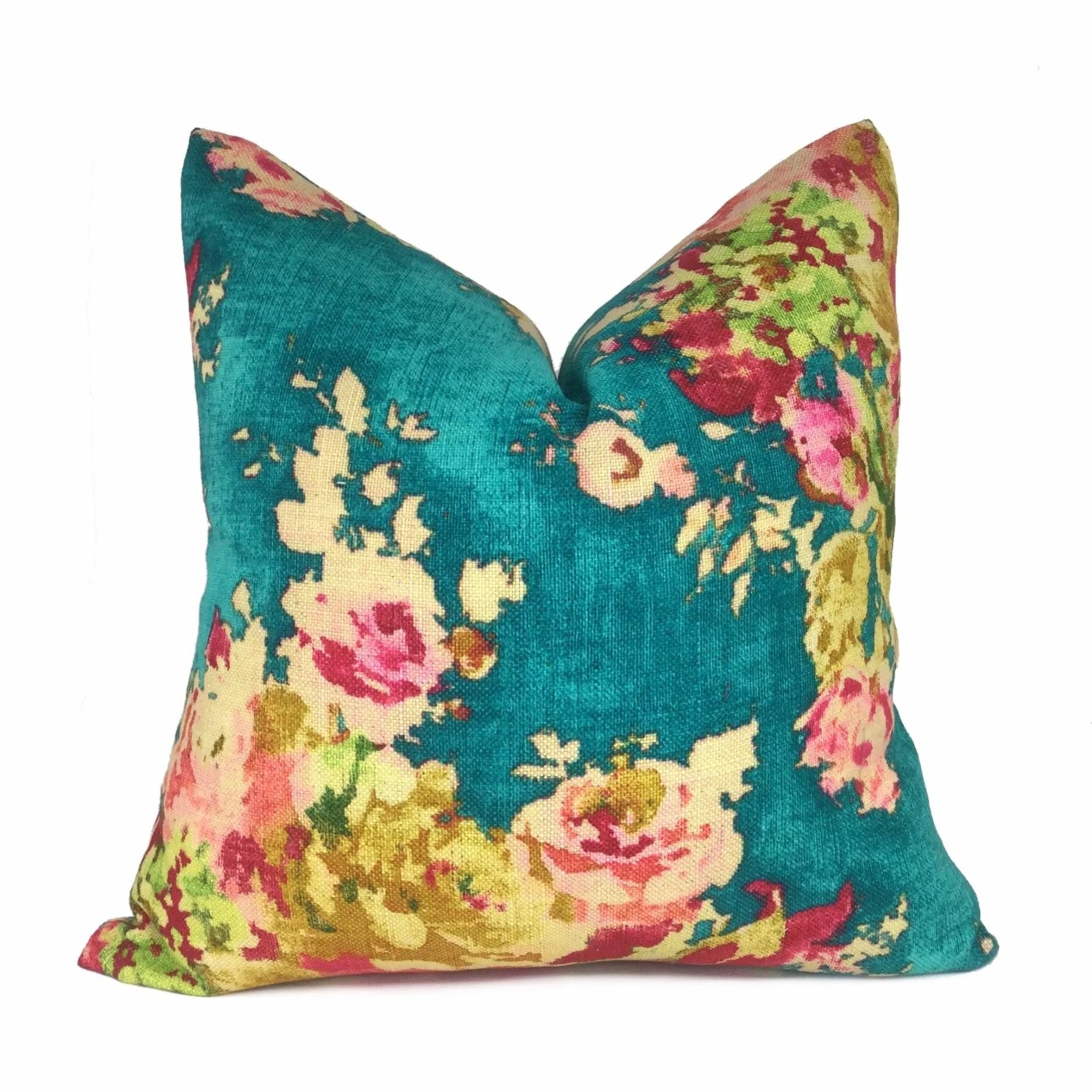 (CLEARANCE) Turquoise Teal Aphrodite Floral Cotton Linen Pillow Cover