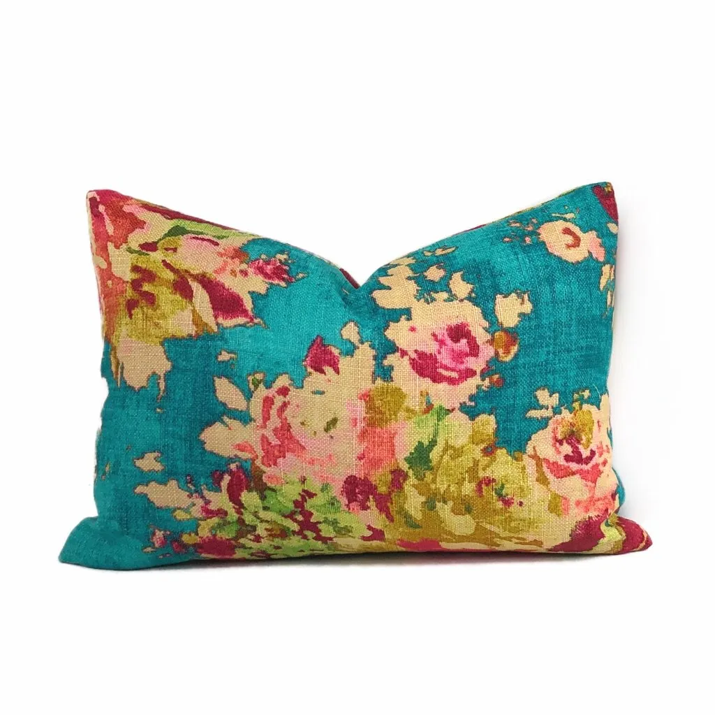 (CLEARANCE) Turquoise Teal Aphrodite Floral Cotton Linen Pillow Cover