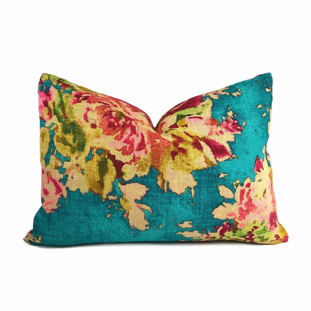 (CLEARANCE) Turquoise Teal Aphrodite Floral Cotton Linen Pillow Cover