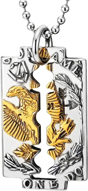 COOLSTEELANDBEYOND Mens Razor Blade Pendant Necklace with Eagle, Gold Silver Two Tone Stainless Steel, 30 inches Chain