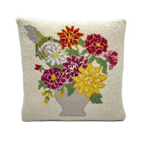 Dahlia Bouquet and Hummingbird Wool Hooked Pillow