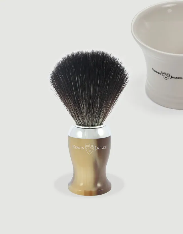 Edwin Jagger - Diffusion 72 Series - Shaving Brush, Black Synthetic Fibre, Imitation Light Horn, Chrome Plated