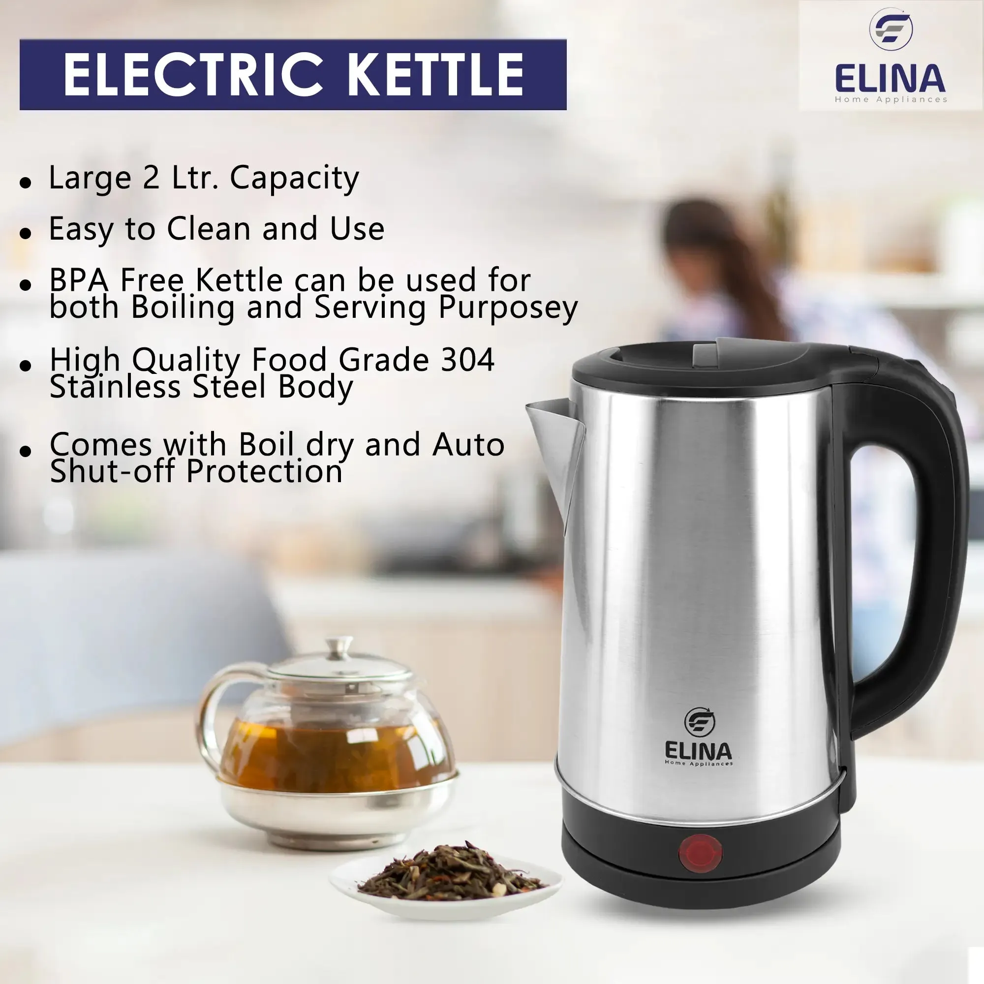 Elina 2 Ltr. Stainless Steel Body Electric Kettle, 1500W, Silver