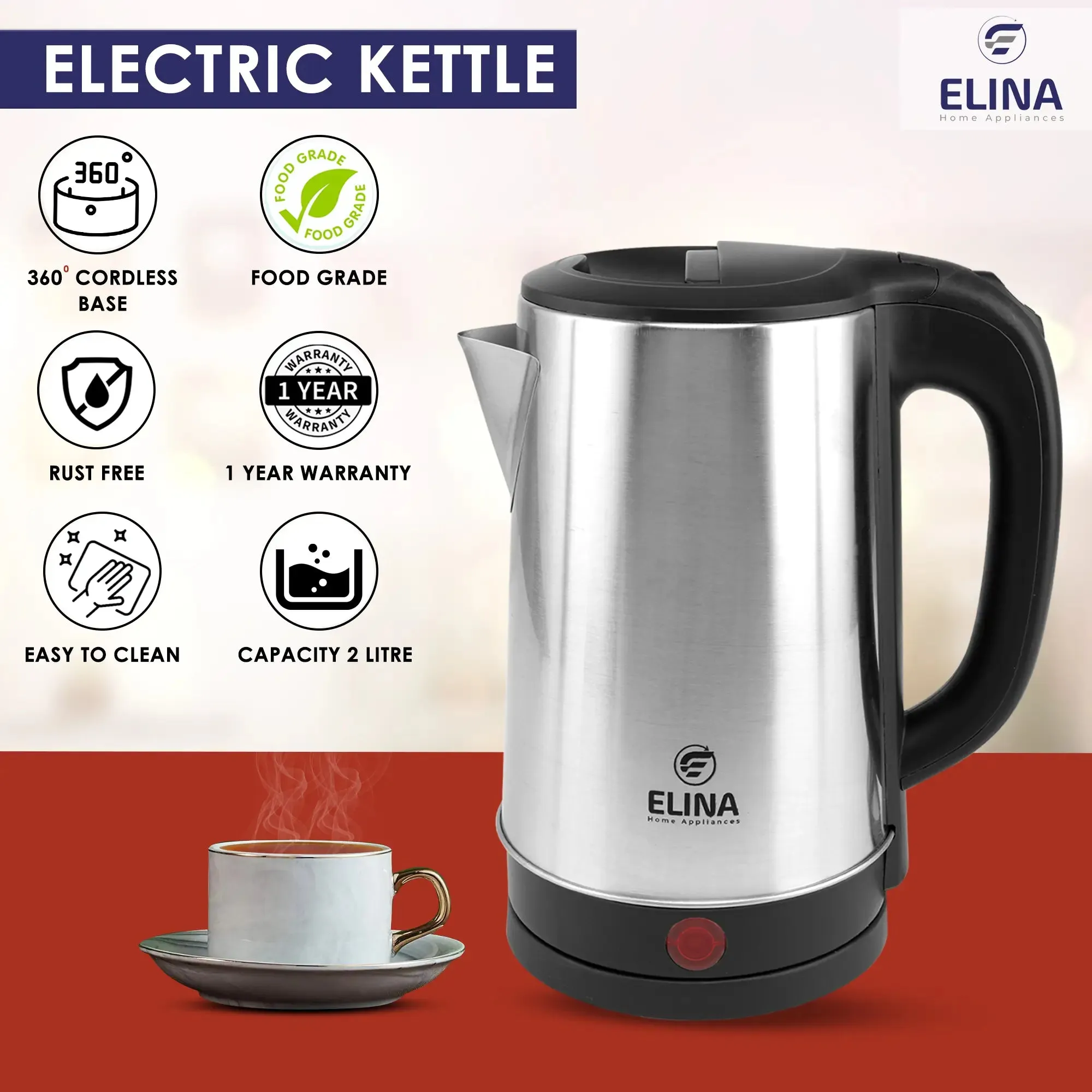 Elina 2 Ltr. Stainless Steel Body Electric Kettle, 1500W, Silver