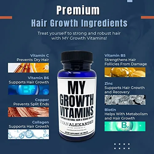 Evan Alexander Grooming My Growth Vitamins - 60 Tablets - Supports Natural Hair and Beard Growth - Nourish Hair and Beard Hair with Zinc, Biotin and Collagen - Beard Growth Vitamins