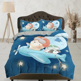 Flying Teddy Bear and Dog in Airplane Bedding, Duvet Cover Set, Zipper Bedding, Dorm Bedding, Teens Adult Duvet King Queen Full Twin Single