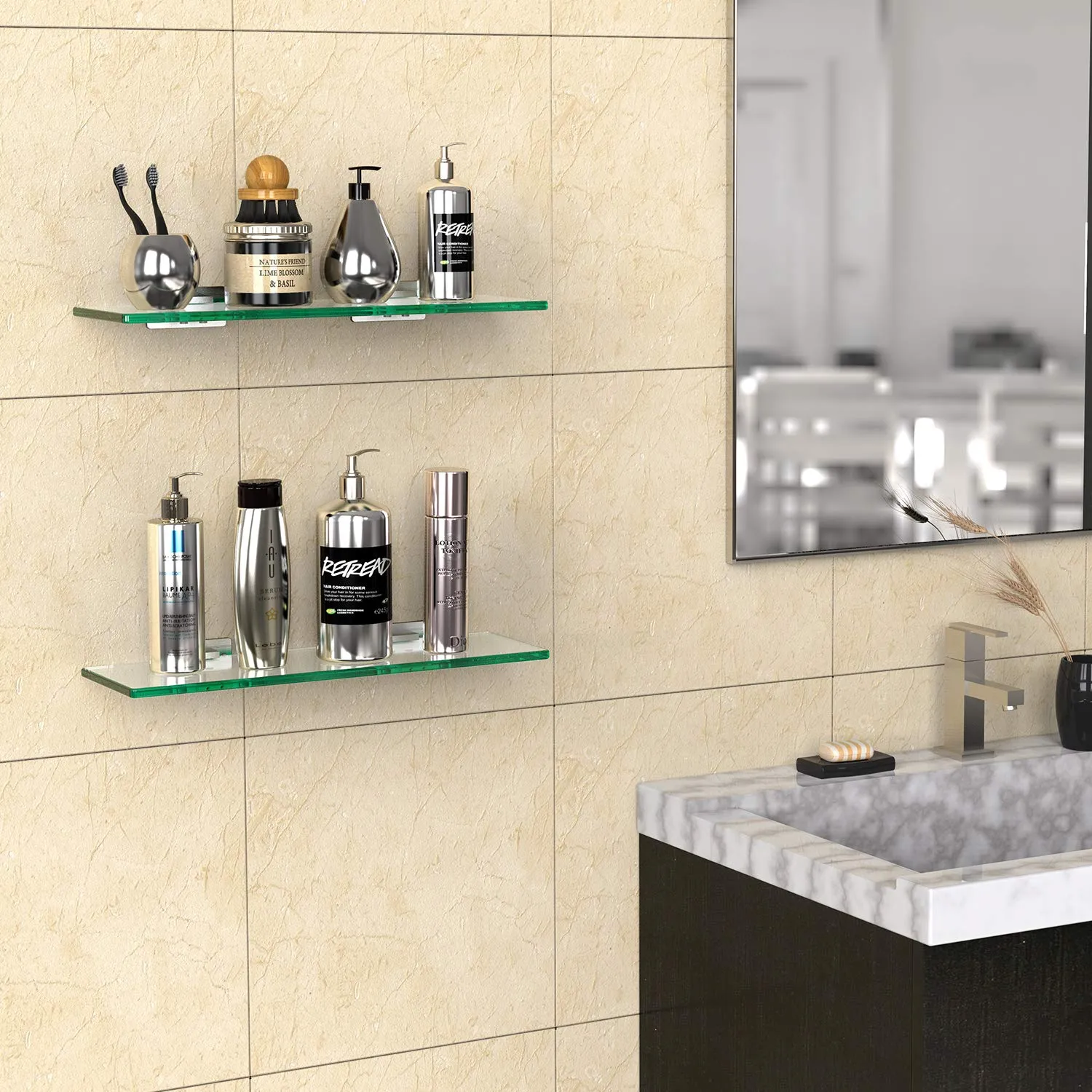 Geekdigg 2 Sets Bathroom Glass Shelf, No Drilling Shower Caddy Wall Mounted Rectangular