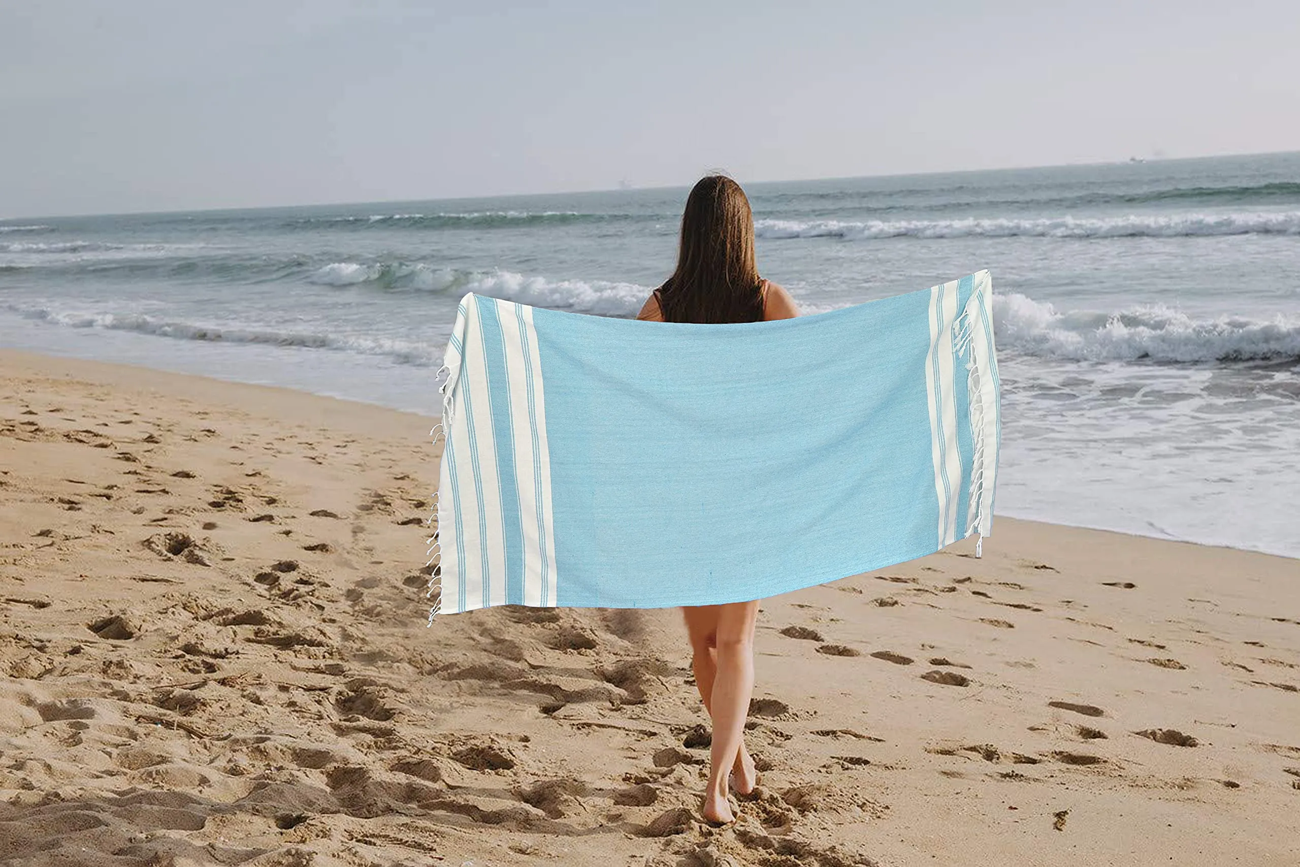 GLAMBURG Peshtemal Turkish Towel - Beach Towels Oversized 36x71 Set of 2, Cotton Beach Towels for Adults, Soft Durable Absorbent Extra Large Bath Sheet Hammam Towel - Aqua Blue