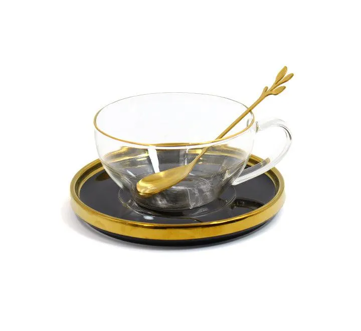 Glass Cup With Ceramic Saucer And Spoon