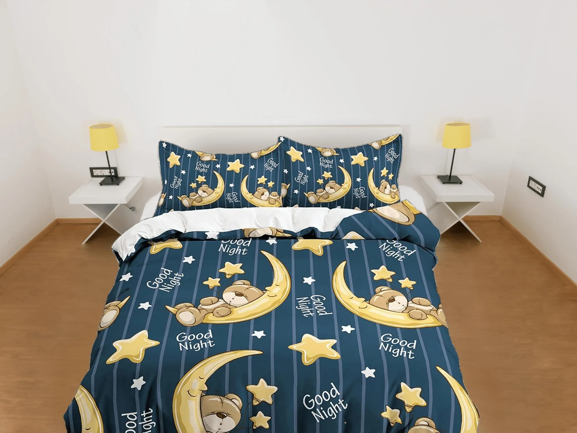 Good Night Teddy Bear Bedding, Duvet Cover Set & Pillowcase, Zipper Bedding, Dorm Bedding, Teens Adult Duvet King Queen Full Twin Single