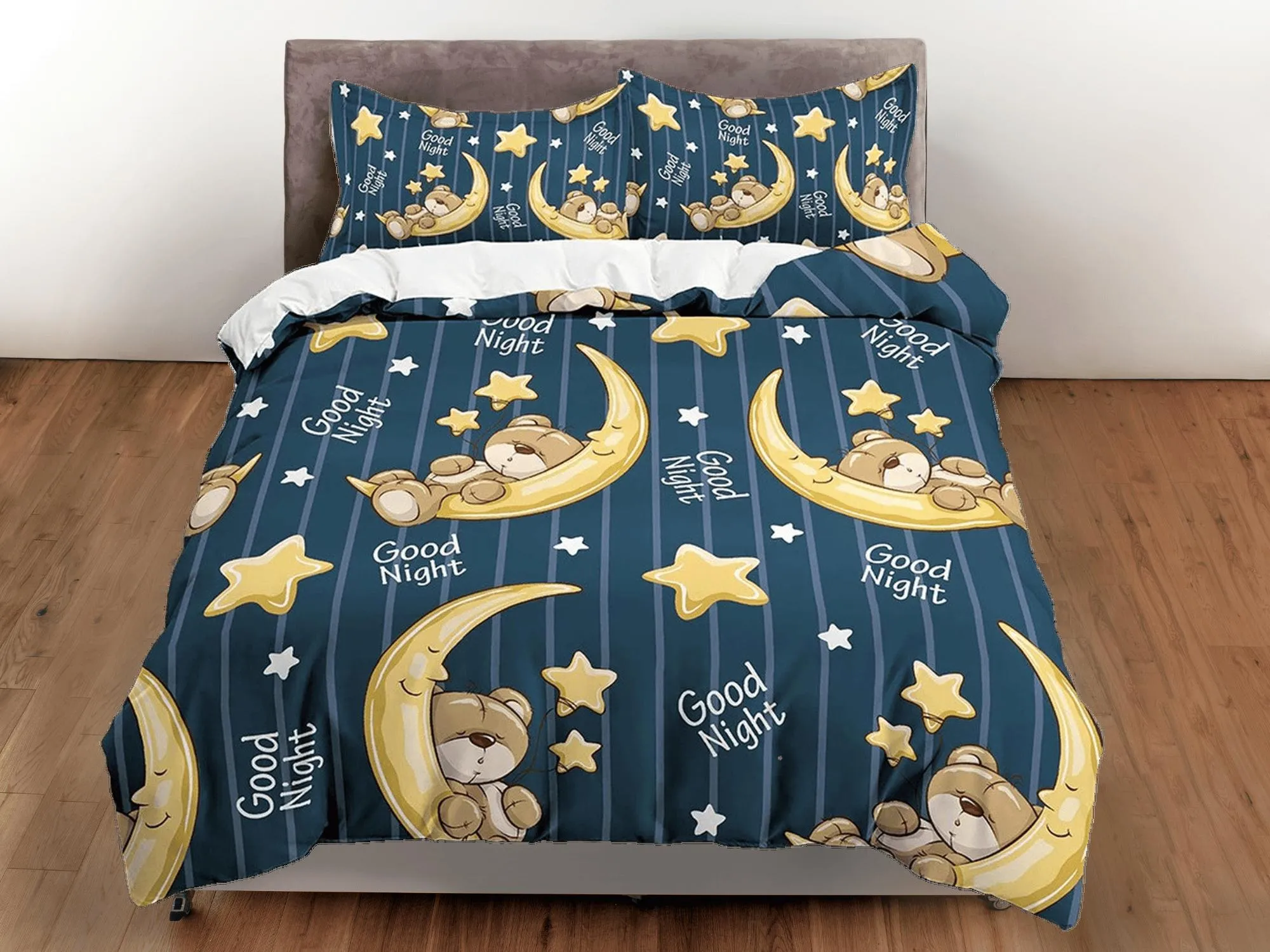 Good Night Teddy Bear Bedding, Duvet Cover Set & Pillowcase, Zipper Bedding, Dorm Bedding, Teens Adult Duvet King Queen Full Twin Single