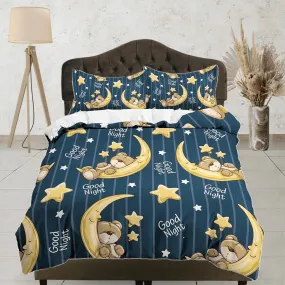 Good Night Teddy Bear Bedding, Duvet Cover Set & Pillowcase, Zipper Bedding, Dorm Bedding, Teens Adult Duvet King Queen Full Twin Single