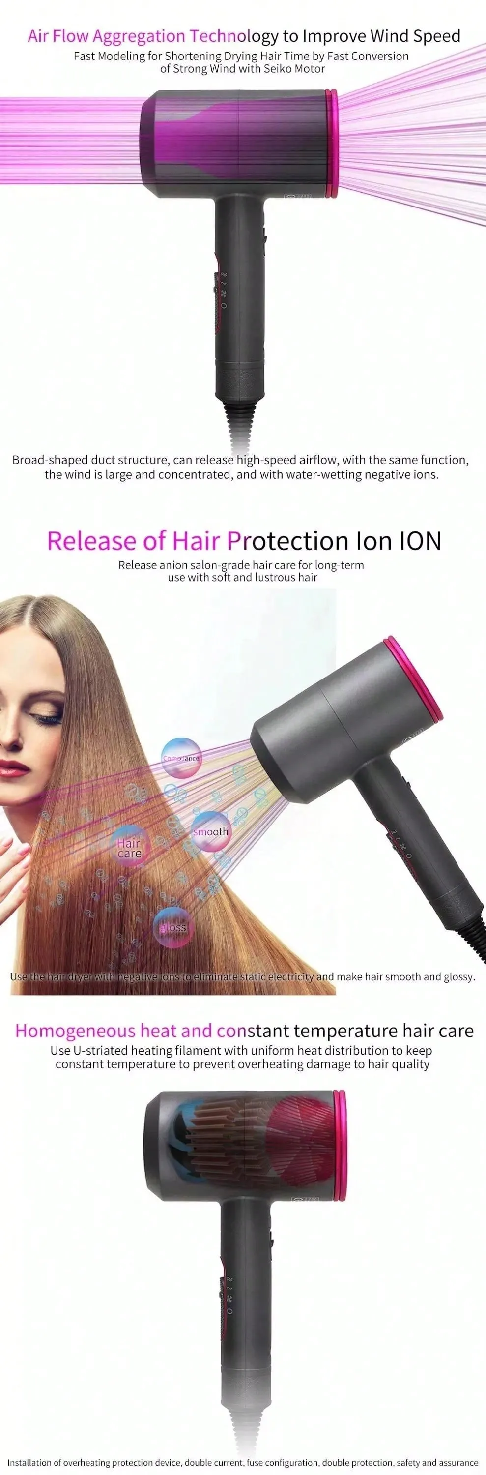 Hair Dryer With Diffuser Ionic Conditioning Powerful Fast Hairdryer Blow Dryer