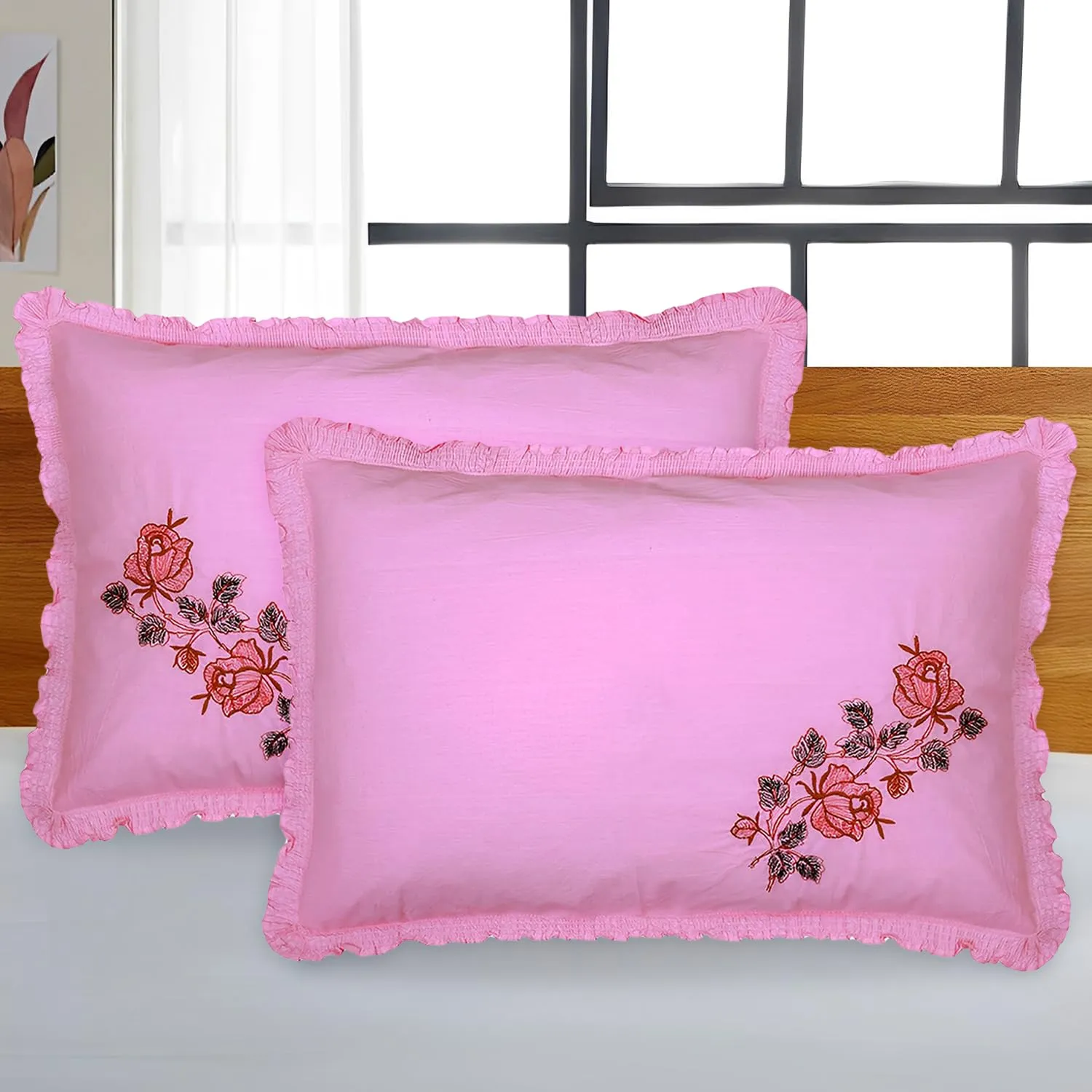 Heart Home Pillow Cover | Cotton Pillow Cover | Pillow Cover for Bedroom | Cushion Cover for Living Room | Embroidery Frill with Zip Pillow Cover | 20x30 Inch | Set of 2 | Pink