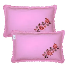 Heart Home Pillow Cover | Cotton Pillow Cover | Pillow Cover for Bedroom | Cushion Cover for Living Room | Embroidery Frill with Zip Pillow Cover | 20x30 Inch | Set of 2 | Pink