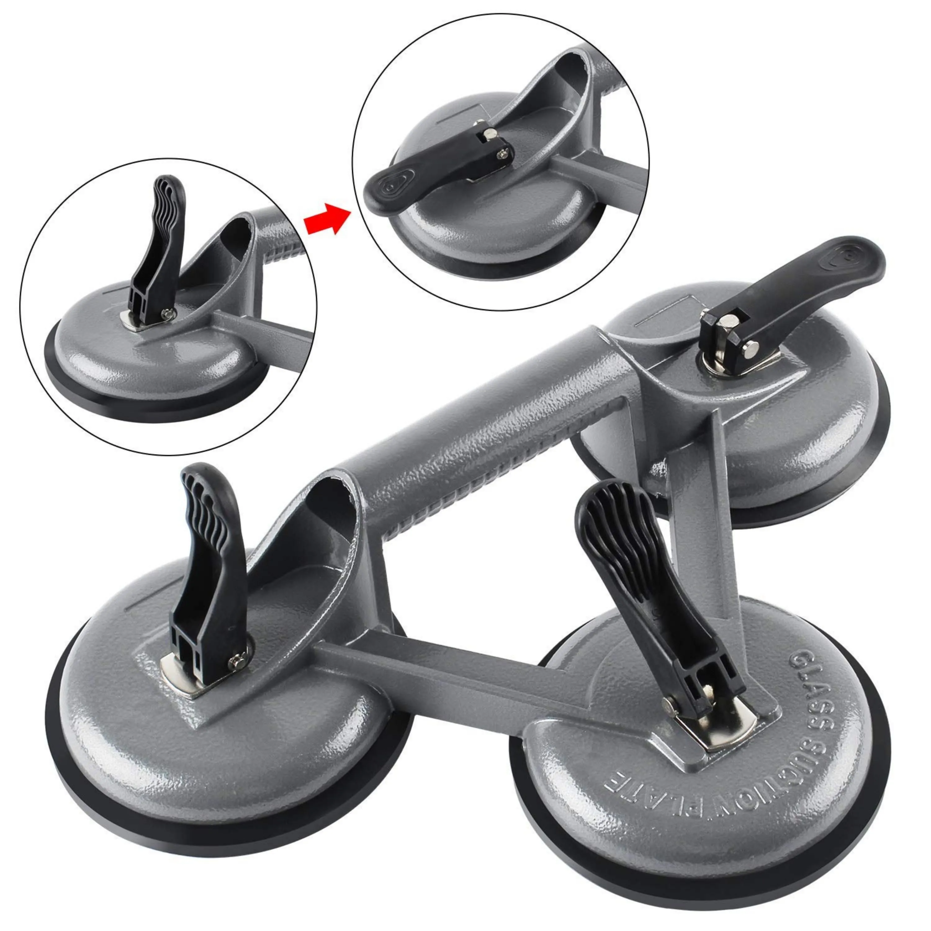 Homdum Aluminum 4.8” Lifting Suction Cup Plate Single/Three Handle Locking (3 claw) Sucker Flat Gripper for Lifting Mirror/Tiles/Granite slab, Glass Lifter.Pack of 4pc