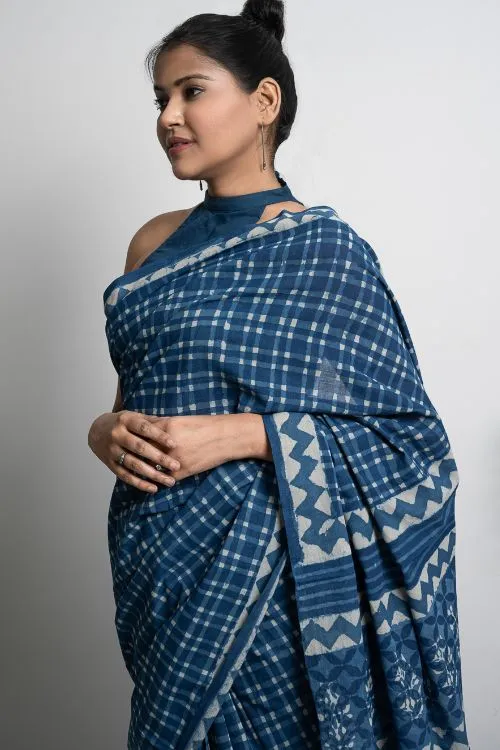 ICH Cotton Appeal. Dabu Hand Block Printed Mul Cotton Saree - Blue Checks