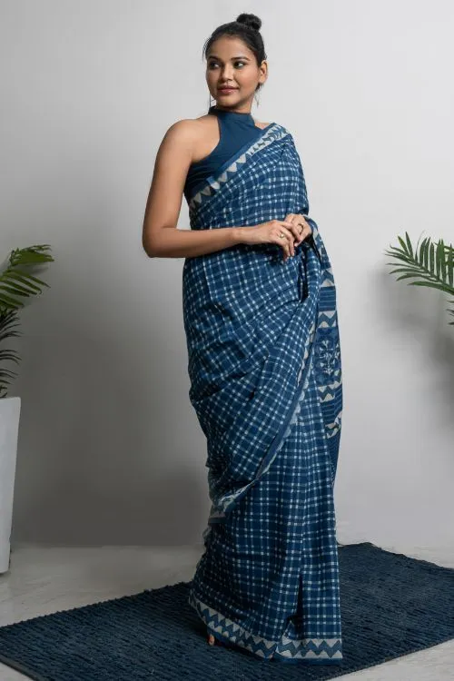 ICH Cotton Appeal. Dabu Hand Block Printed Mul Cotton Saree - Blue Checks