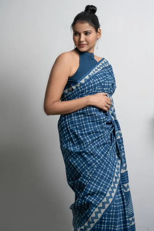 ICH Cotton Appeal. Dabu Hand Block Printed Mul Cotton Saree - Blue Checks