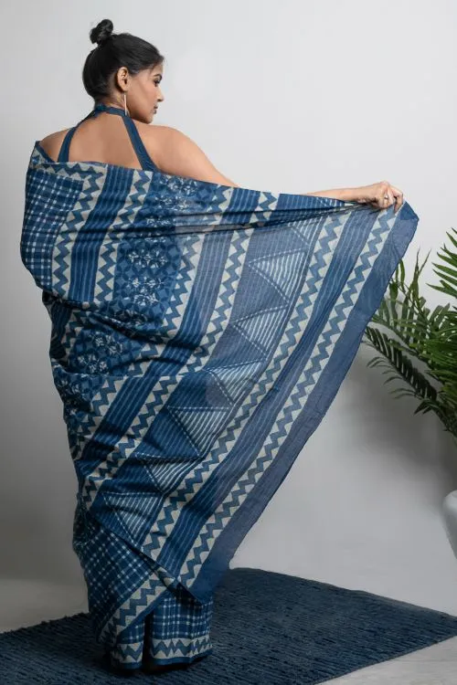 ICH Cotton Appeal. Dabu Hand Block Printed Mul Cotton Saree - Blue Checks