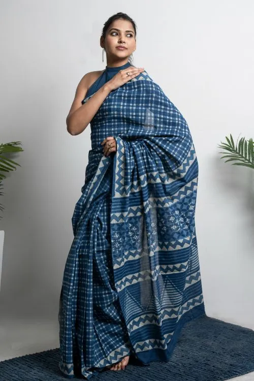 ICH Cotton Appeal. Dabu Hand Block Printed Mul Cotton Saree - Blue Checks