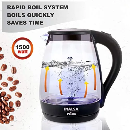 Inalsa Electric Kettle PRISM-1500W with LED Illumination,Boro-Silicate Body, 1.8 L Capacity, Glass Kettle