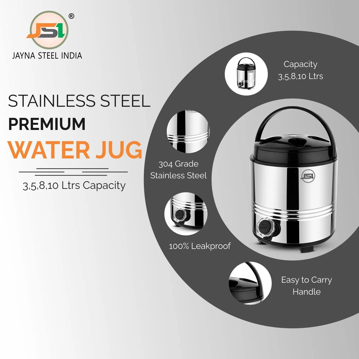 JSI® Stainless Steel Thermally Insulated Water Jug Carafe with Stylish Leakproof tap and Easy to Carry Handle (Aqua 6000) I Hot and Cold Upto 5-6 Hours