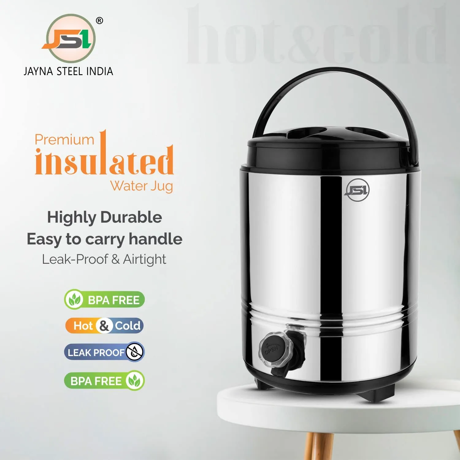 JSI® Stainless Steel Thermally Insulated Water Jug Carafe with Stylish Leakproof tap and Easy to Carry Handle (Aqua 6000) I Hot and Cold Upto 5-6 Hours