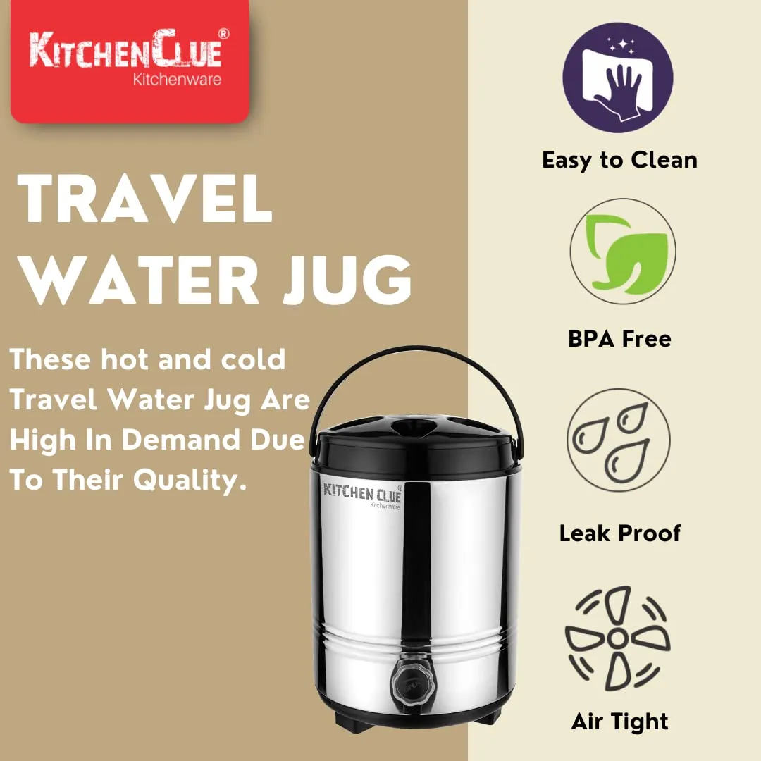 Kitchen Clue Hot Tea Flask with Airtight & Leak-Proof Lid I Stainless Steel PUF Insulated Tea/Water/Juice Container I 8 Liters I Easy to Carry Handle I Easy to Clean & Maintain I HOT & Cold Water Jug