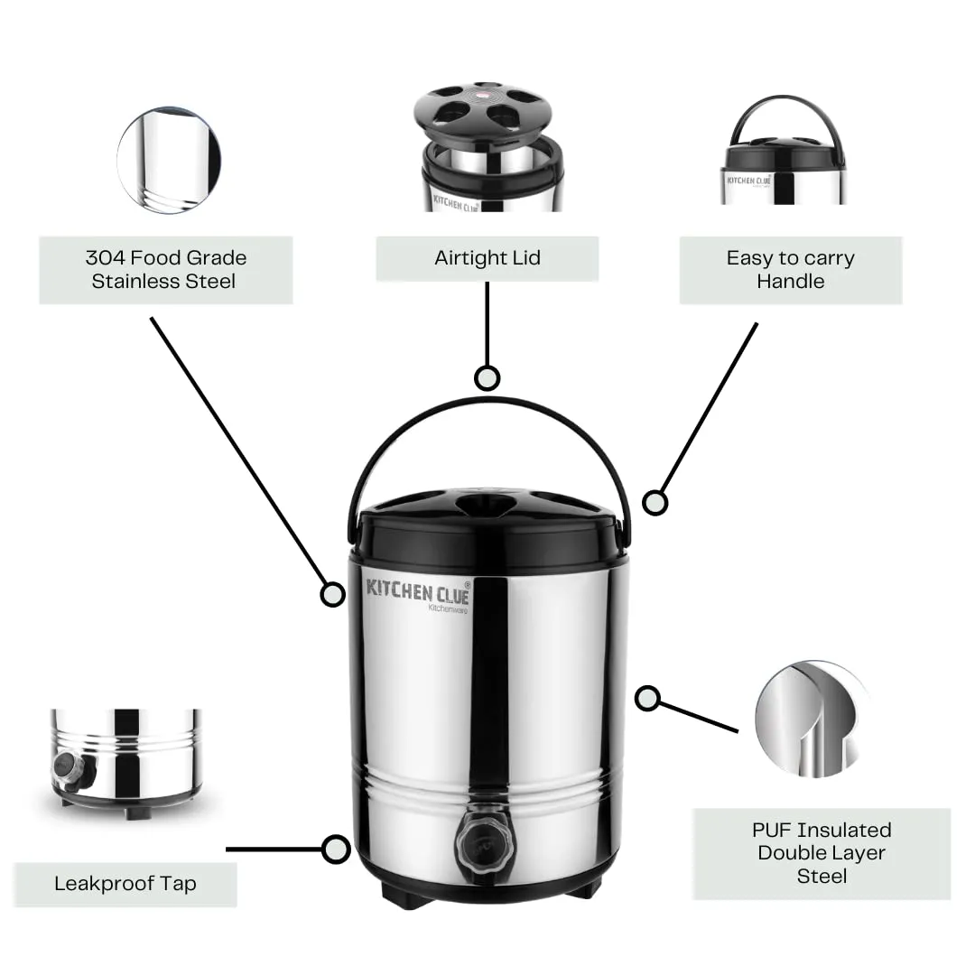 Kitchen Clue Hot Tea Flask with Airtight & Leak-Proof Lid I Stainless Steel PUF Insulated Tea/Water/Juice Container I 8 Liters I Easy to Carry Handle I Easy to Clean & Maintain I HOT & Cold Water Jug