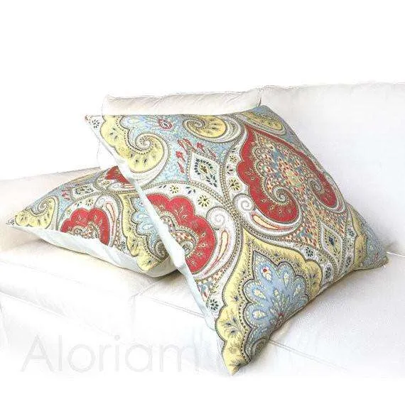 Kravet Latika Festival Paisley Medallion Red Yellow Light Blue Linen Pillow Cover