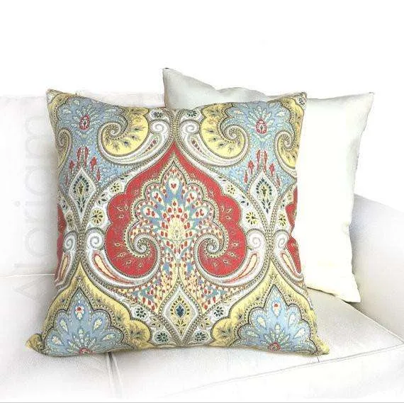 Kravet Latika Festival Paisley Medallion Red Yellow Light Blue Linen Pillow Cover