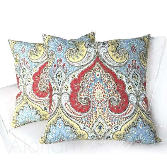 Kravet Latika Festival Paisley Medallion Red Yellow Light Blue Linen Pillow Cover