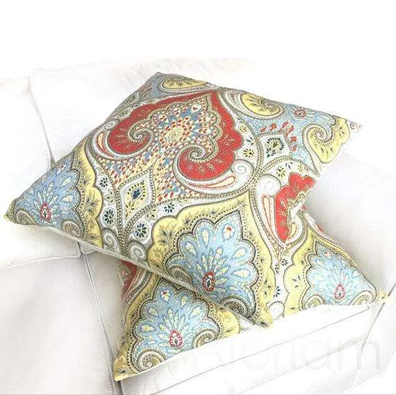 Kravet Latika Festival Paisley Medallion Red Yellow Light Blue Linen Pillow Cover