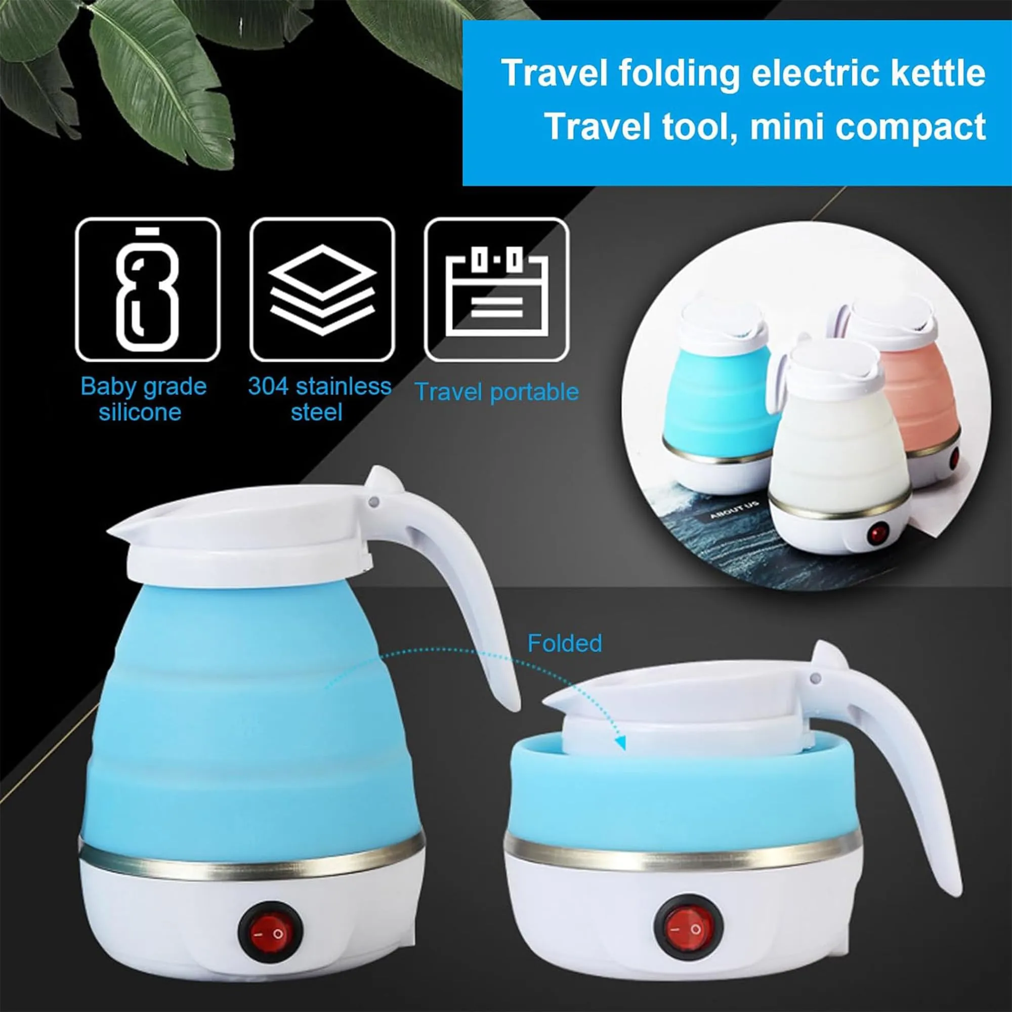 Kuber Industries Pack of 2 Foldable Electric Kettle 600 ML|Silicone Body With 304-Stainless Steel Base|Leak Proof Design|Multipurpose Portable Electric Kettle for Travel, Office & Home|600W|Blue