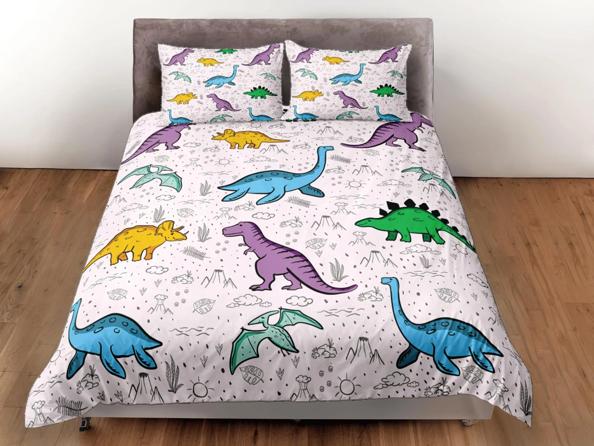 Lavender purple dinosaur bedding, kids bedding full, cute duvet cover set, nursery bed decor, colorful bedding, baby dinosaur, toddler