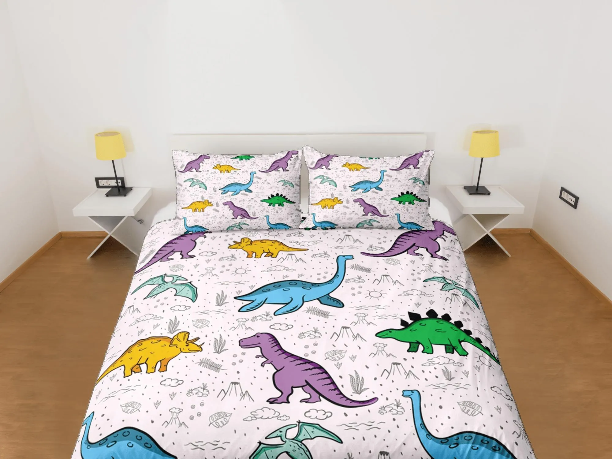 Lavender purple dinosaur bedding, kids bedding full, cute duvet cover set, nursery bed decor, colorful bedding, baby dinosaur, toddler