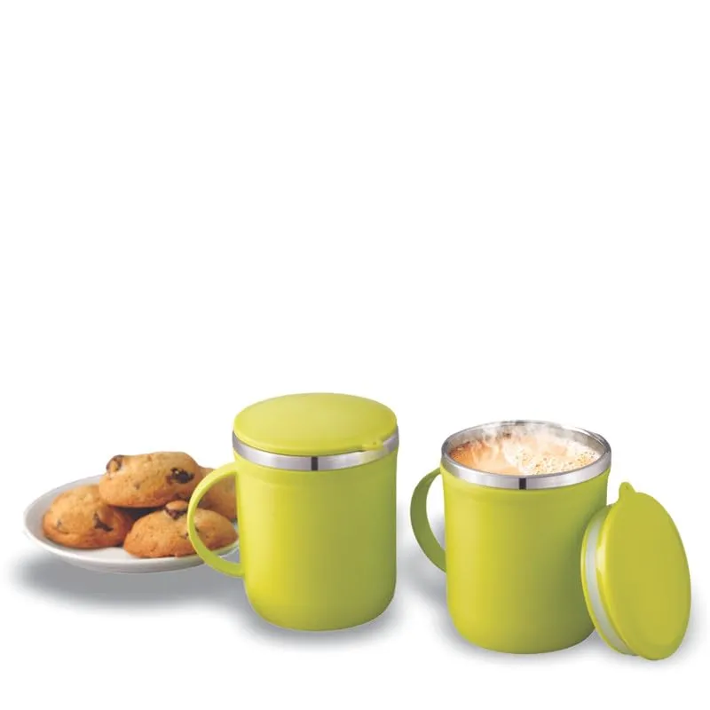 Magnus Espresso Mug | Green Stainless Steel Coffee Mug 300ML With Lid and Handle | Wide Mouth Mug Keeps Beverages Hot & Cold 300ML (Set of 2 Pcs)