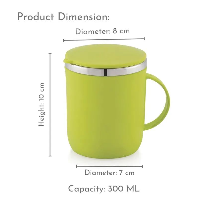 Magnus Espresso Mug | Green Stainless Steel Coffee Mug 300ML With Lid and Handle | Wide Mouth Mug Keeps Beverages Hot & Cold 300ML (Set of 2 Pcs)