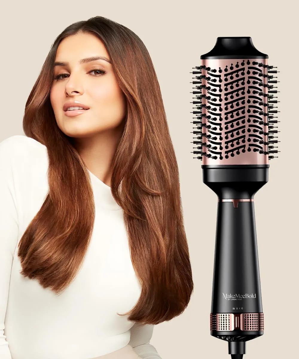 MakeMeeBold Hot Air Brush by Urban Yog | 2-in-1 Hair Dryer & Straightener with 3 Temp & 2 Speed Settings, 360° Airflow Vents, PTC Fast Heating, Ceramic Plates, Auto Shut-Off, Tangle-Free Bristles