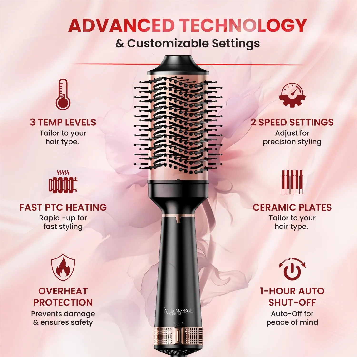 MakeMeeBold Hot Air Brush by Urban Yog | 2-in-1 Hair Dryer & Straightener with 3 Temp & 2 Speed Settings, 360° Airflow Vents, PTC Fast Heating, Ceramic Plates, Auto Shut-Off, Tangle-Free Bristles