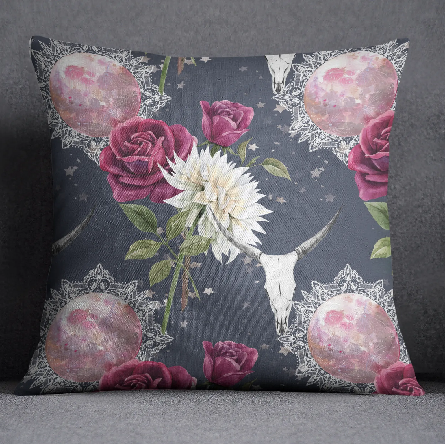 Mandala Moon Bull Skull and Rose Decorative Throw and Pillow Cover Set