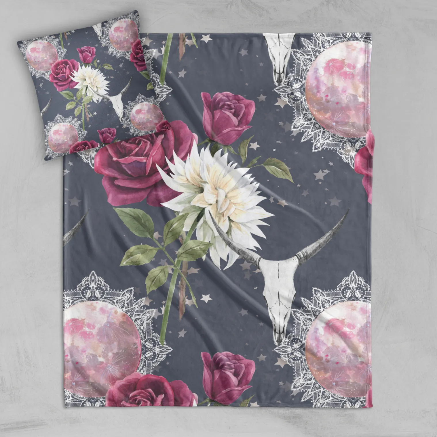 Mandala Moon Bull Skull and Rose Decorative Throw and Pillow Cover Set