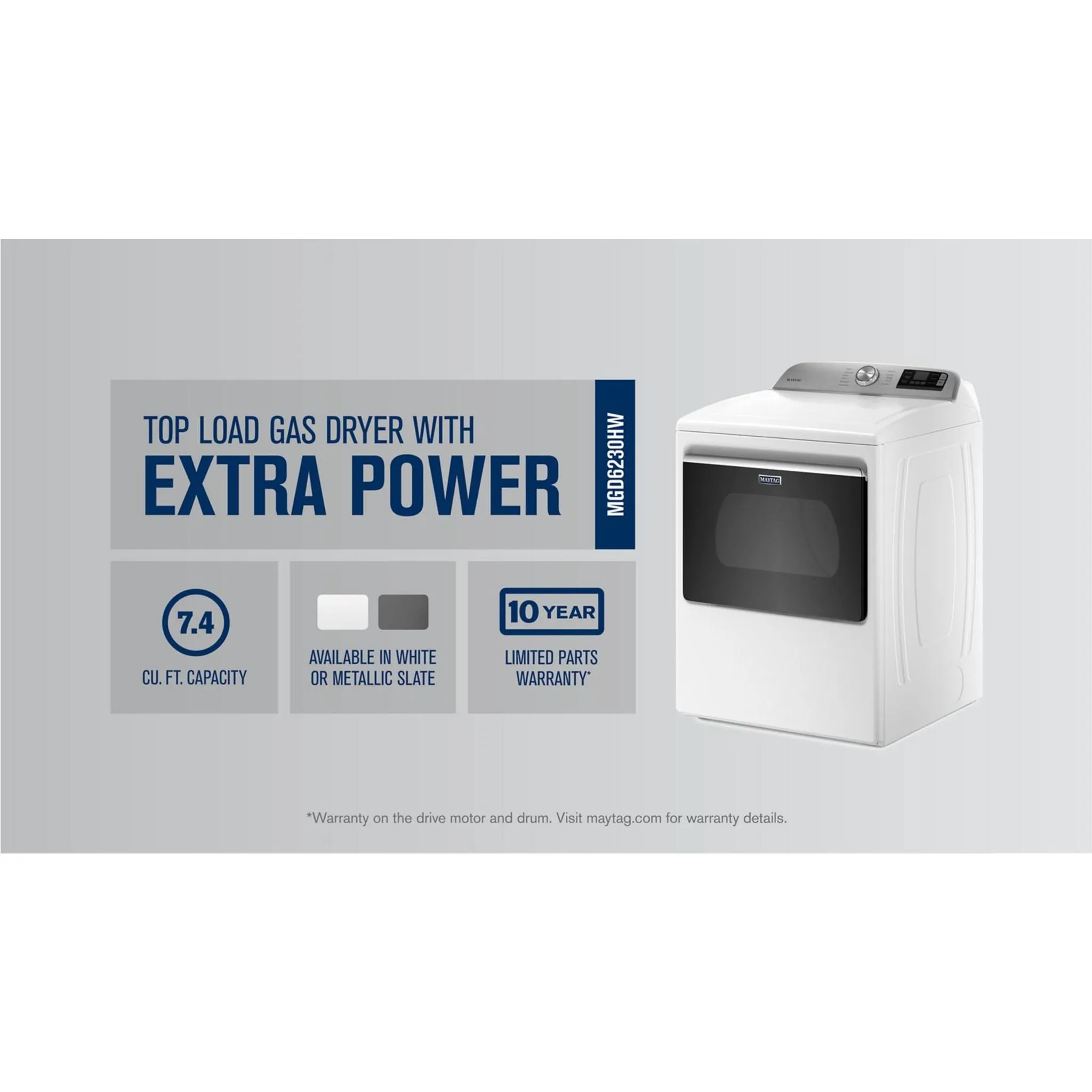 Maytag Smart Top Load Gas Dryer with Extra Power Button - 7.4 cu. ft. (MGD6230HW)